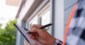 Mobile Home Foundation Inspection: Inspector examining the foundation and leveling of a mobile home