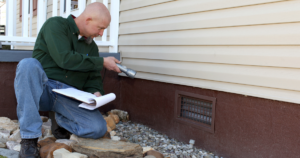 Technician inspecting a mobile home foundation before performing mobile home leveling and foundation repair.